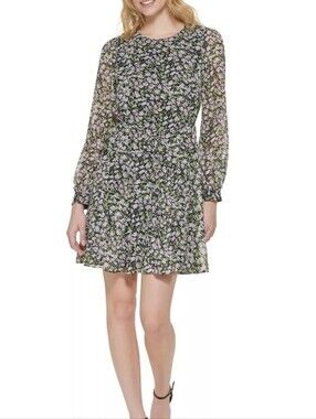 Tommy Hilfiger Black Floral Long-Sleeve A-Line Dress